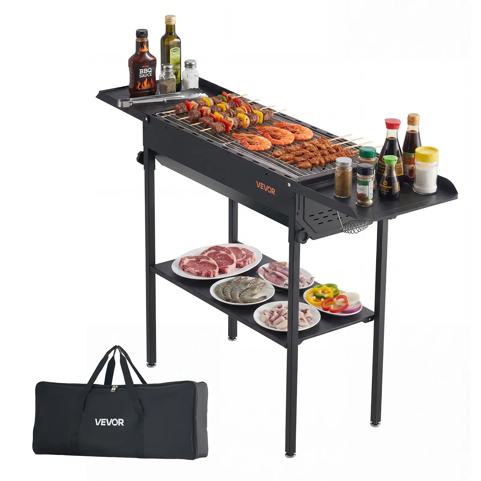 【SummerFinds】VEVOR Foldable Charcoal Grill, Portable Charcoal Barbecue Grill with Adjustable Height & Folding Side Tables, High-Temp Powder-Coated Steel Outdoor BBQ Grills for Camping Backyard Parties