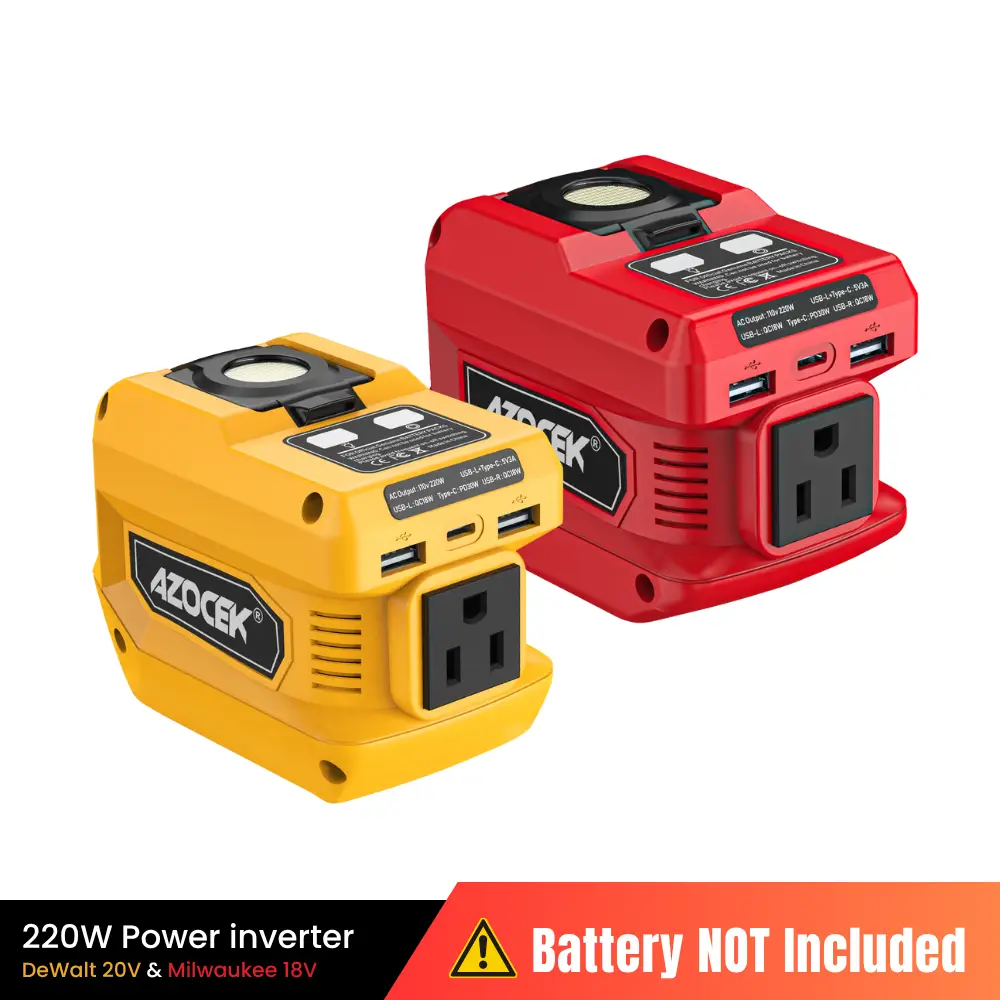 Azocek 220W Power Inverter for Milwaukee 18V & DeWalt 20V Batteries, DC to AC 110V Portable Power Station with AC Outlet, USB & Type-C Fast Charging,