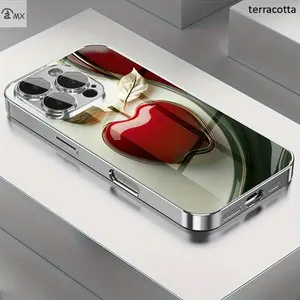 Coated Glass Phone Case with Red Apple and Gold Leaf Pattern, Compatible with iPhone 16 Pro Max, 16, 15 Pro, 14, 14 Plus/14 Pro Max, 13, 13 Pro, 12 Pro, 11/11 Pro Max, Dirt-Resistant, Fashionable, Trendy, and Shockproof