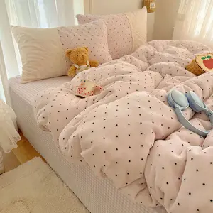 3-Piece Polka Dot Lace Bedding Set, Soft Flannel Duvet Cover & 2Pillowcases, Single Twin Double Queen Sizes, Winter Girls Room Decor Bed set