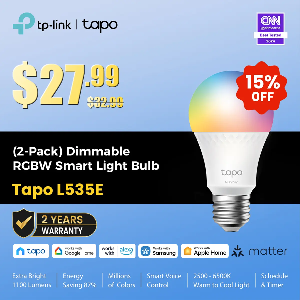TP-Link & Tapo L535E(2-Pack) Smart WiFi Light Bulbs, 1100 Lumens High Brightness (75W Equivalent), Matter-Certified, 16M Colors WiFi Light Bulb, Dimmable, Alexa & Google Compatible  Rgb Colorful Led  #SummerWins #DealsForYouDays