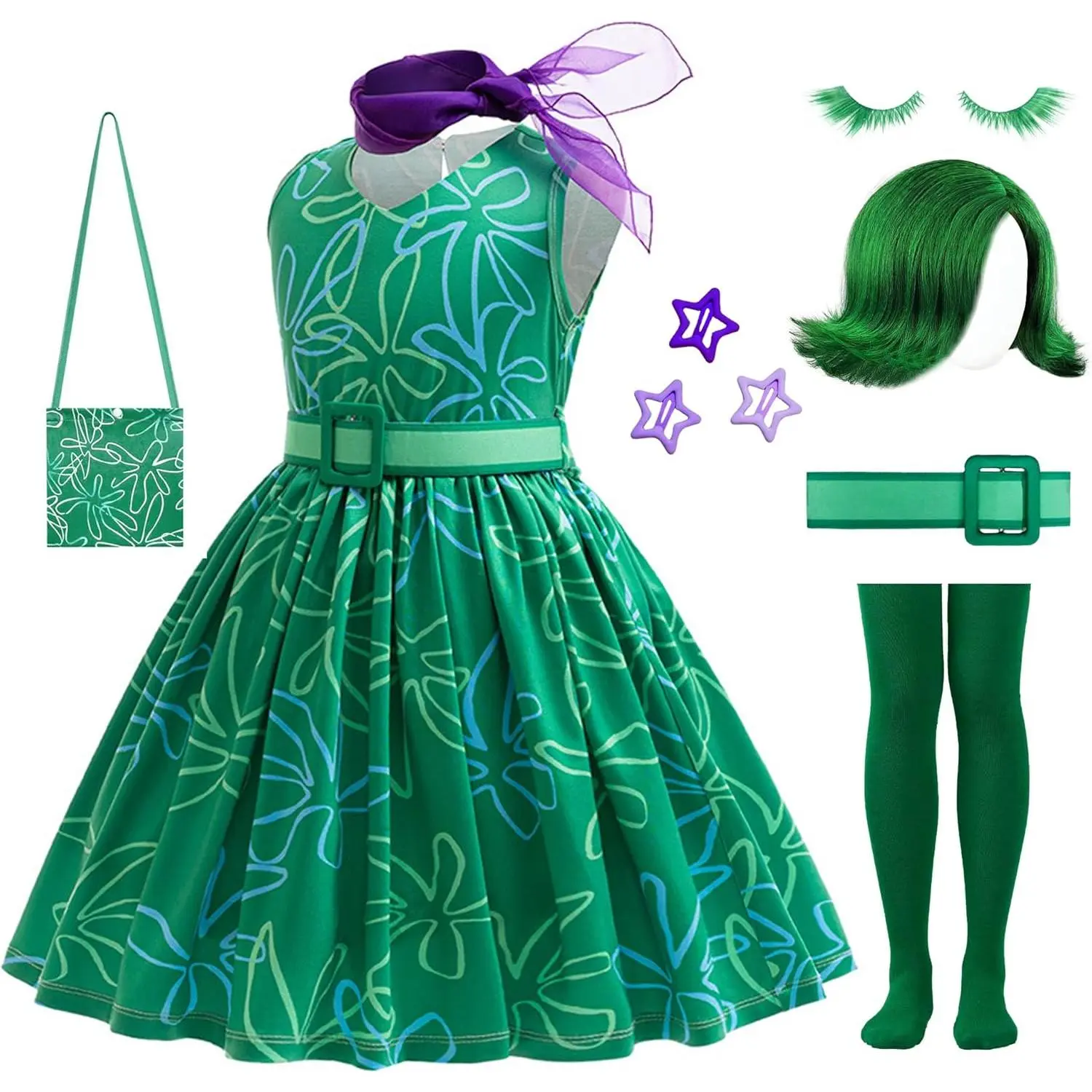 F-CPA20  10Pcs Girls Green Costume Cosplay Dress up Halloween Outfits with Wig