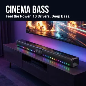 HUICHANG 10-Speaker RGB Soundbar – Wireless Bluetooth 5.3 Slim 34.6” Design, 300W Peak Power, Deep 9D Bass, TWS Stereo, Piano Black Finish, AUX/USB/Coaxial Inputs, Perfect for Home Theater, TV, Gaming & Party Smartphone Audio