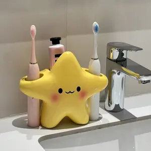 1 cute star-shaped plastic toothbrush holder-independent bathroom storage, toothbrush and toothpaste holder with cute face design, durable plastic structure and space saving, Bathroom Accessory