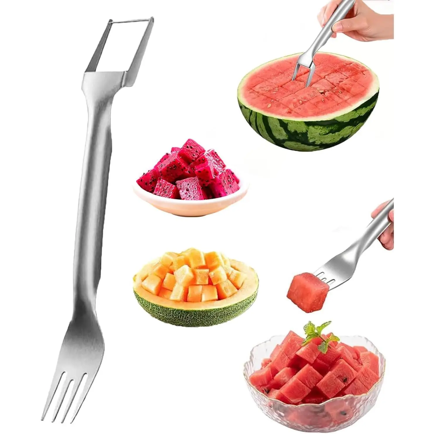 Watermelon Cutter, 2-in-1 Stainless Steel Fruit Cutter, 2025 New Upgrade Dual Head Watermelon Fork Slicer Tool, Summer Fruit Cutting Home Kitchen Gadgets (1Pcs)