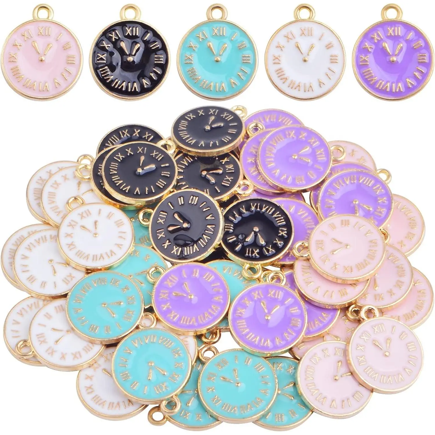 50pcs Alloy Enamel Alarm Clock Charms Cartoon Student Watch Clocks Pendant Charms Craft Supplies for DIY Bracelet Necklace Jewelry Making New Year Gift, 5 Colors