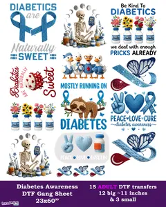 Diabetes Awareness Toddler/Youth/Adult DTF Transfers Gang Sheet. Ready To Press for Cotton Polyester & Blends