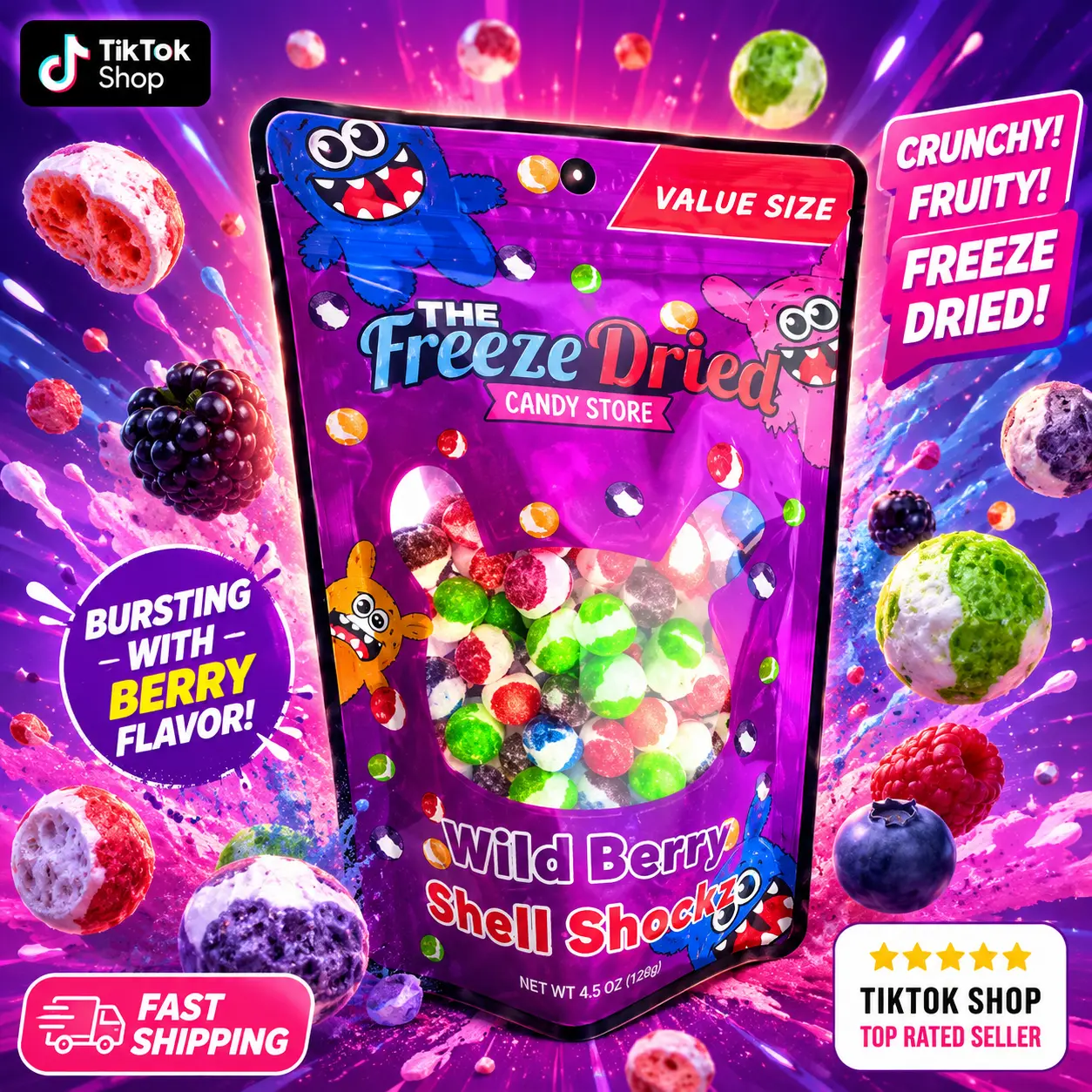 Freeze Dried Wild Berry Shell Shocks Novelty Candy, School, Camping, Work & Party Snacks  Rainbow Munch