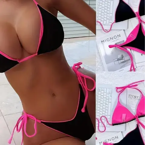 Two-Piece Set Women's Contrast Binding Tie Back Bikini Set, Casual Fashion Chic Stylish Bathing Suit Swimwear Set, beachwear swimsuits for Beach Holiday Vacation, Ladies Swimsuit for All Seasons, Bikini Swimsuit Outfit, bikinis sets