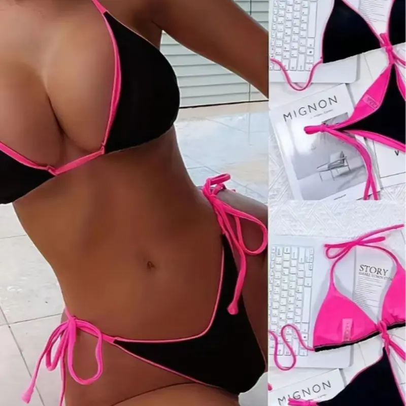 Two-Piece Set Women's Contrast Binding Tie Back Bikini Set, Casual Fashion Chic Stylish Bathing Suit Swimwear Set, beachwear swimsuits for Beach Holiday Vacation, Ladies Swimsuit for All Seasons, Bikini Swimsuit Outfit, bikinis sets