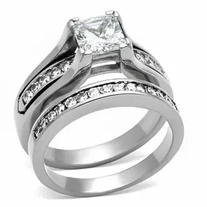 7x7mm Princess Cut CZ Stainless Steel Tarnish Free Engagement Ring Set Hypoallergenic Rust Resistant Wedding Band
