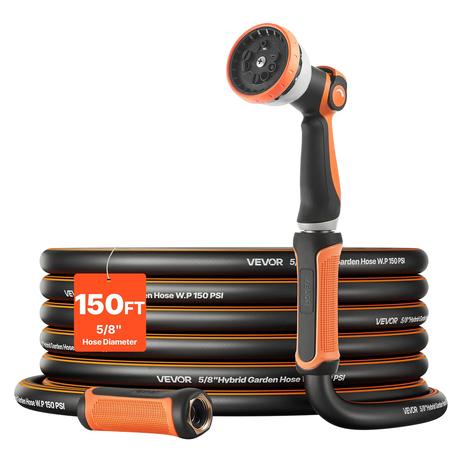【Summerfinds】VEVOR Garden Hose,150 ft 5/8" Heavy Duty Rubber Water Hose with 10 Mode Nozzle150PSI Working & 600PSI BurstFlexible & Non-kink Outdoor Waterhose with 3/4" FittingLightweight Hoses for Gardening, Garden Hose Connector, High Pressure Hose