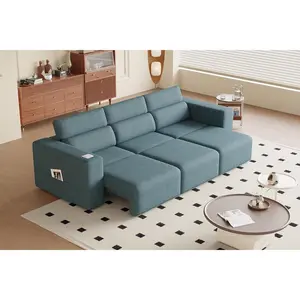 3-Seat Modular Power Reclining Sofa Addition - Electric Indoor Living Room Couch with Fixed Arms, Bluetooth Stereo, Wireless Charging, Side Pocket, Classic Blue Home Theater Seating with Reclining Feature