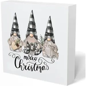 Merry Christmas Black and White Gnomes Wooden Box Sign, Christmas Xmas Gnomes Signs Decorations for Home Office Desk Table Shelf Tabletop Decor, 5x5 Inches