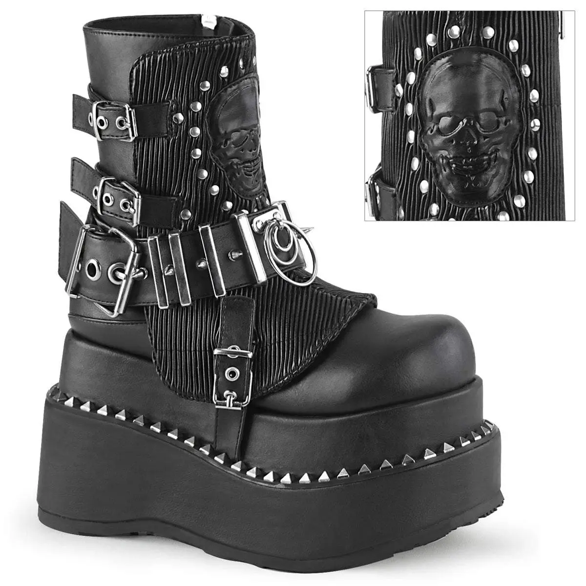Demonia Women's Bear-150 Mid-Calf Vegan Leather Wedge Lace-Up Ankle Boot with Tiered Pyramid Studs