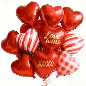 PartyWoo Heart Balloons Red Heart Foil 15pcs 18 Inch Checkered Custom Red Heart Shaped Balloons for Party Decorations