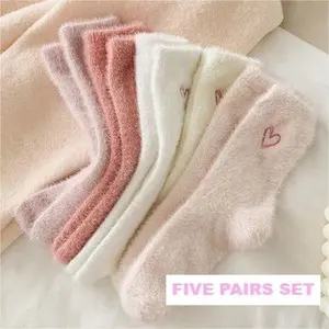 VVZ Lovely Heart-Shaped Smooth Fluffy Mid-Calf Socks, Five pairs bundled together Cozy Winter Fuzzy Socks
