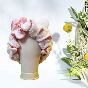 Cute Teddy Plush Silk Bonnet Luxury White Double Layer Adjustable Sleep Cap with Ears Stylish Comfortable Haircare Bonnet for Daily Wear Shower hair bonnet