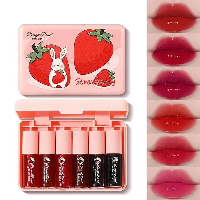6 Colors Lip Tint Stain Set, Korean Lip Gloss Mini Liquid Lipstick, Lip and Cheek Tint, Long lasting Non-Stick Cup Waterproof Makeup Moisturizing Blusher