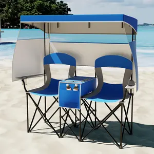 COSTWAY Double Beach Chair w/Adjustable Canopy, Oversized Folding Camping Chair w/Roll-up Shade, Cooler Bag, Cup Holders, Carrying Bag, 2-Person Portable Loveseat for Sports Fishing,4th of july decor, dad gift,