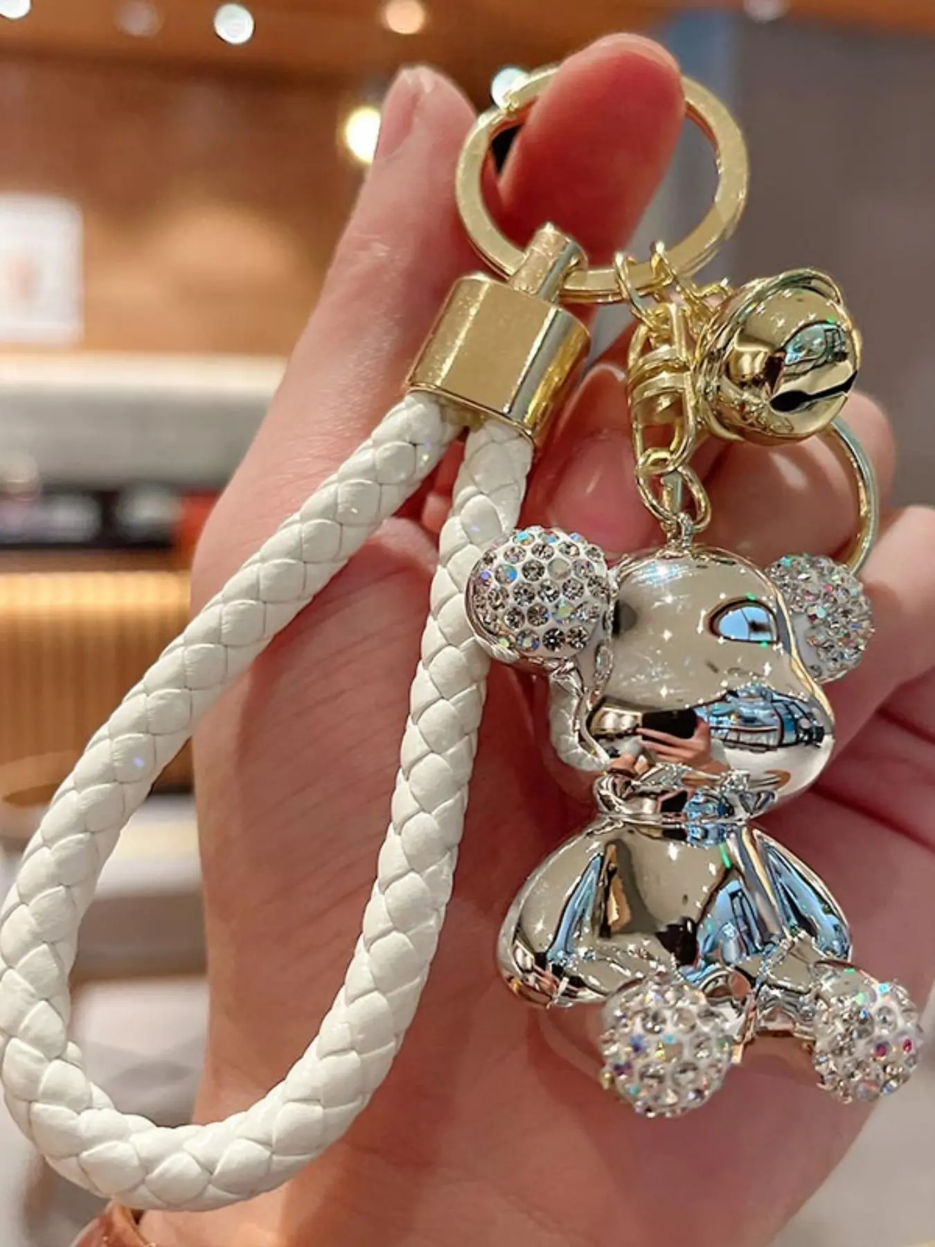 Silver Color Bear Keychain with Rhinestones, Casual Bag Charm, Keychain for Bags, Keychain For Purse, Car Key Ring, Keychain for car keys, Gift for Couples, Valentine's Day Surprise, Keyrings