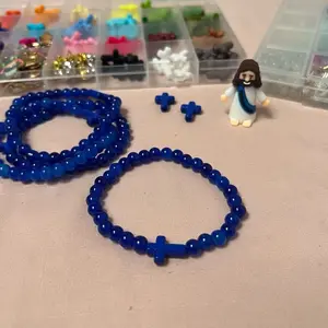 Acrylic Cross Charms Colorful Pearl Bead Elastic Bracelets: Blue to Pink Color Options; Mini Jesus included; Bible verse and stickers randomized included
