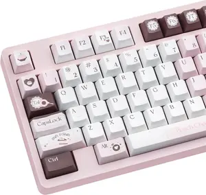 COOMICKEY Cherry Profile PBT Keycaps,130 Keys Cute Style Keycap Set with Cute Icons, Dye-Sublimation, White Pink Theme for Most 60% 65% 75% 80% 100% US Layout Cherry MX Switches Mechanical Keyboard