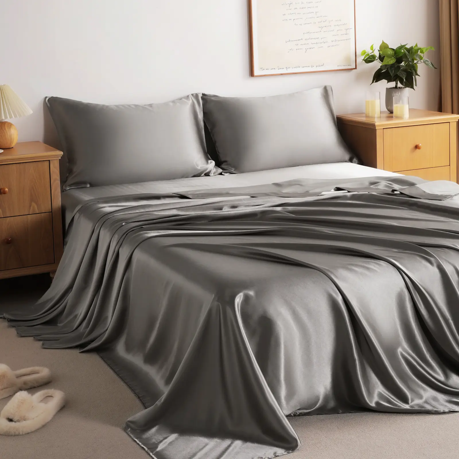 3/4 Piece Silky Satin Bedding Sets(1 Flat Sheet, 1 Fitted Sheet, 1/2 pillowcases)Super Cool, Breathable and Soft,Skin-friendly and Anti-acne, Luxury and Silky with Natural Sheen, Gift for Mother's Day, Anti-Wrinkle Weave Stays Photo-Ready