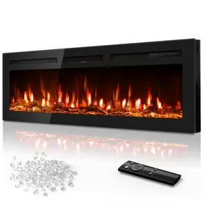 Devoko 60 Inch Electric Fireplace in-Wall Recessed and Wall Mounted, Ultra-Thin Linear Fireplace Heater 750/1500W with Realistic Flame, Higher Temperatures & Lower Noise, Log Set & Crystal Options