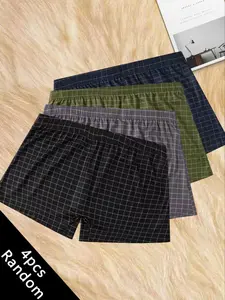 Men's Plaid Checked Geometric Print Fitted Boxer Briefs Comfortable Casual (4 Pack), Daily Sports Training Men's Underwear, Breathable Cotton Material