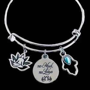 No Mud No Lotus Hamsa Hand Buddha Adjustable Bracelet Expandable Charm Bangle Silver Yoga Gift New Beginnings