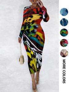 women's colorblock print round neck bodycon dress, fashion casual long dress for daily outdoor wear, women dress for spring fall