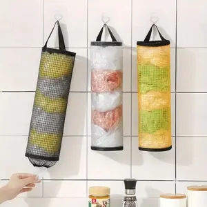 3pcs Wall-Mounted Kitchen Plastic Bag Holder, Foldable Mesh Hanging Dispenser, Reusable Garbage Bag Organizer