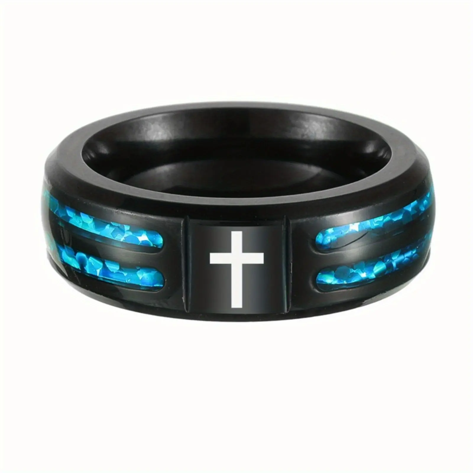 Men's Cross Embellished Ring - Blue Line Cross Pattern, Black Jewelry, Punk Style Marquise Band, Men's Accessories, Ideal for Daily/Party Wear, Gifts for Boyfriend, Unique Gifts