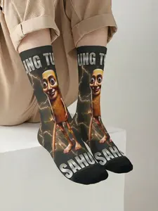 1 pair of BIIHUDU Men's Italian Brainrot Pinstripe Socks – Yellow “tung tung tung sahar” print socks, all-over print design, Fun Socks
