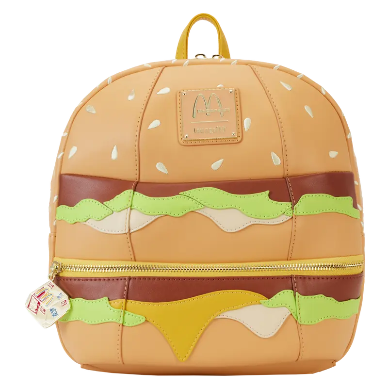 Loungefly McDonald's Big Mac Figural Mini Backpack, Novelty Vegan Leather Bag for Everyday Carry with Applique & Embroidered Details, Vegan Pu Keeps Style Cruelty-Free, Polyurethane, Backpack Dimensions, Enamel Zipper Charm, Adjustable Shoulder Straps, Fi