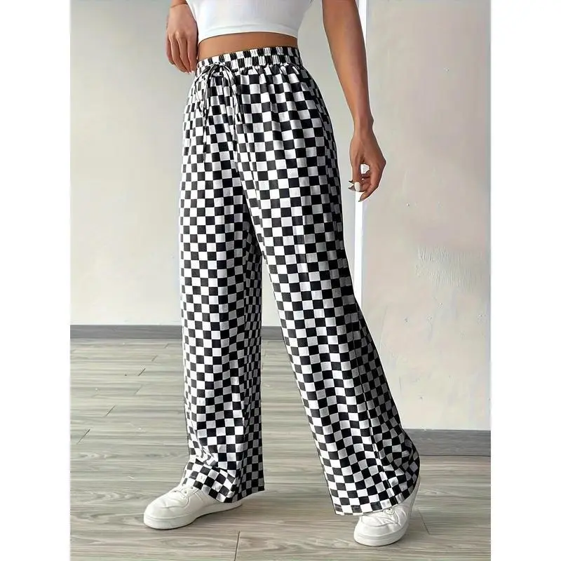 All Seasons Elastic Waist Women's High Waisted Checkered Pants, Casual Loose Fit Trousers with Drawstring Fabric Womenswear