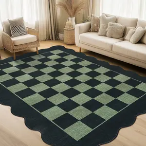 Non-slip Modern Plaid Floor Mats Scalloped Washable Area Rug Foldable Indoor Decorative Carpet for Bedroom Office Dining Room Living Room Laundry Room