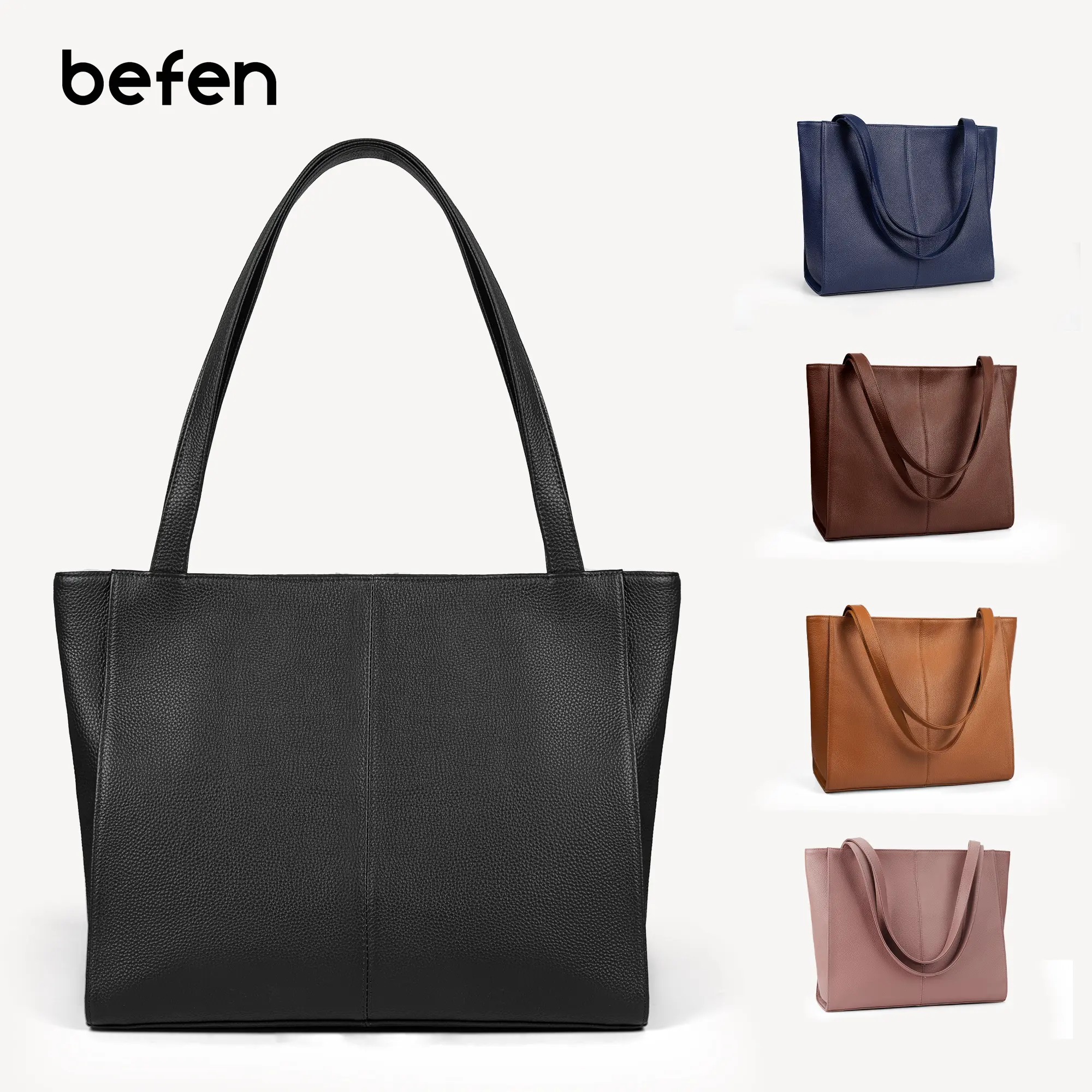 BEFEN Women's Soft Commuter Tote, Genuine Pebble Leather Stylish Work Bag for Business with 14-Inch Laptop Compartment, Business Style Tote, Fashionable Leather Bag, Casual Lightweight Bag (Ideal for Mother's Day)