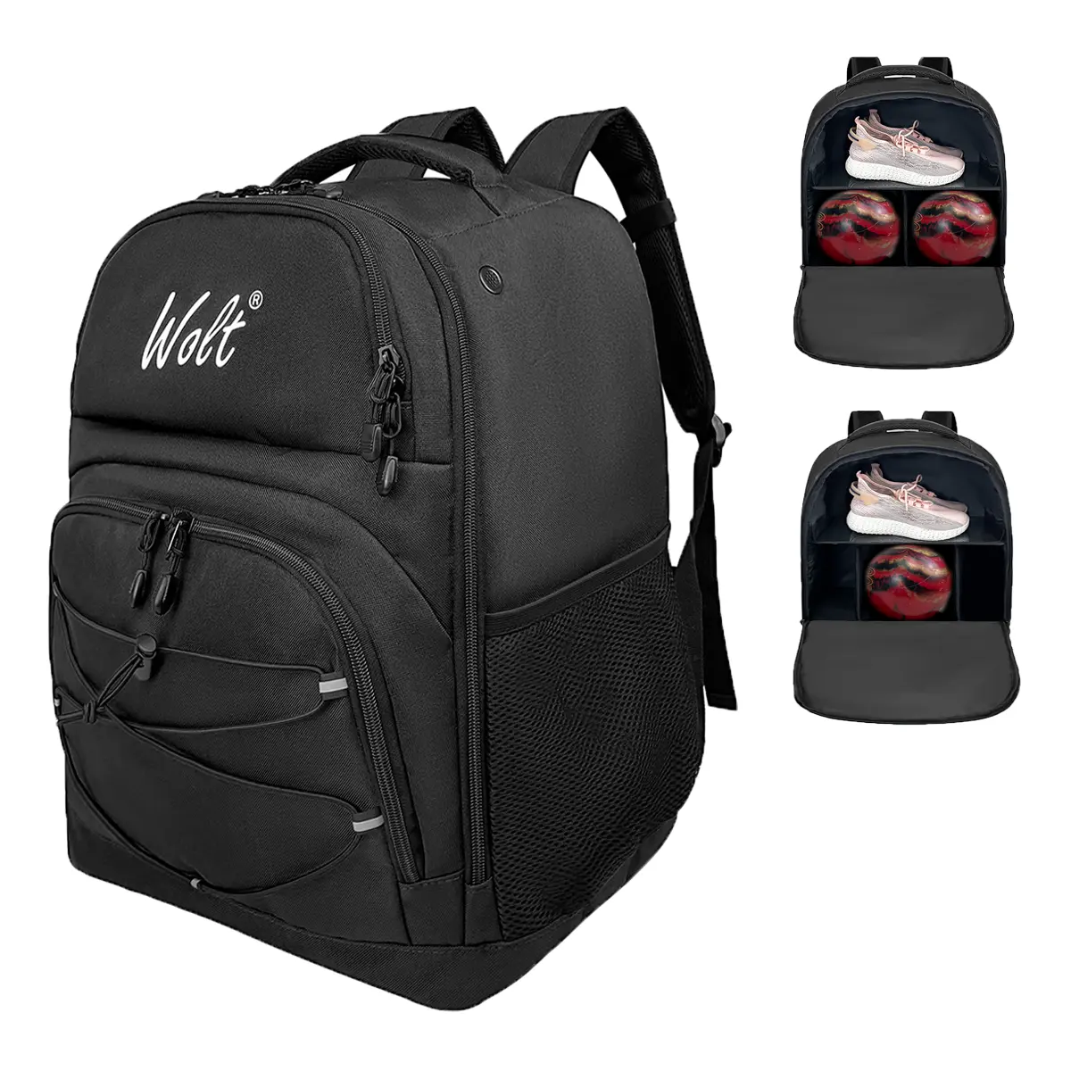 Wolt Bowling Backpack for Men & Youth, Built for Bowling Travel with Secure Padding, Holds 1-2 Balls, Large Shoe Compartment up to Size 16 & PVC Base, Padded, Divider Panels, Two-Ball Safe, Backpack Frees Hands On The Go Structure