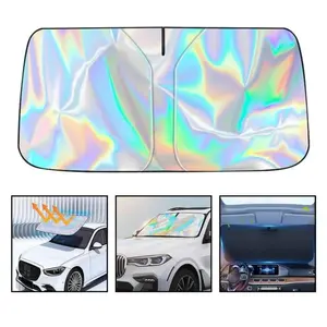 Car Windshield Sun Shade with Storage Pouch, Foldable Laser Titanium Silver Front Window Shield Blocker Screen Visor Protector Cover, Keep Interior Cool, Universal Fit for Car,Truck,SUVs