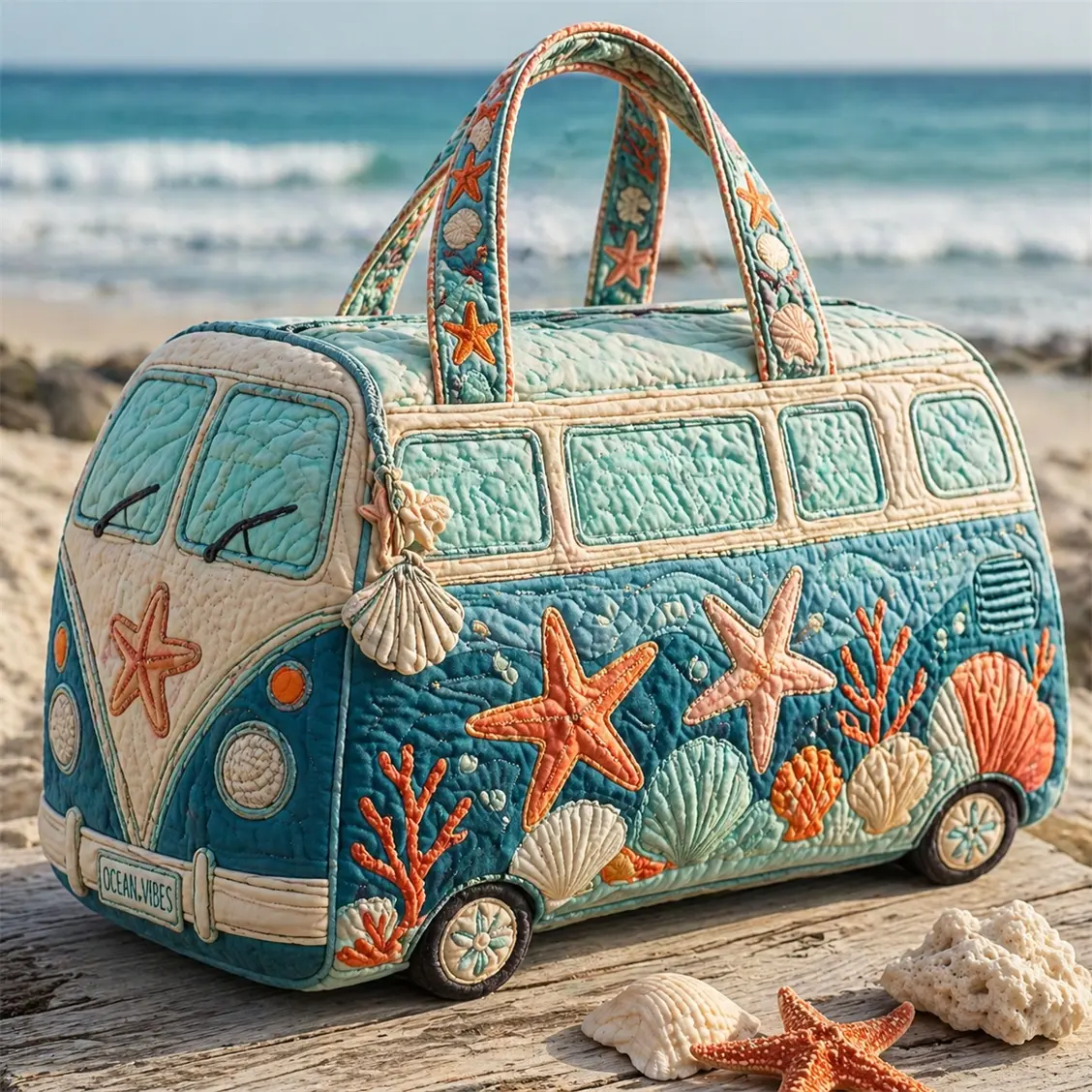 Women’s Ocean Vibes Quilted Travel Bag, Beach Van Weekender Duffel, Large Capacity Overnight Tote with Starfish and Seashell Design, Coastal Carry On Bag for Vacation, Road Trip, Beach, Gym