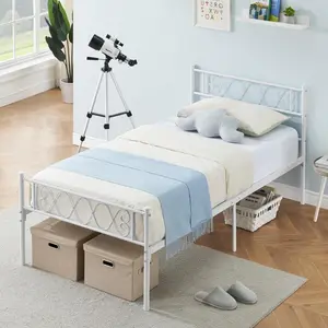 White Metal Twin Bed Frame with Headboard and Footboard for Girls and Boys, Twin Size Platform Bed Frame with Iron-Art Sweet Heart, No Box Spring Needed, Easy Assembly