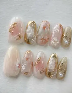 Pink Flower Press On Nails: Hand Painted Gel Faux Acrylic