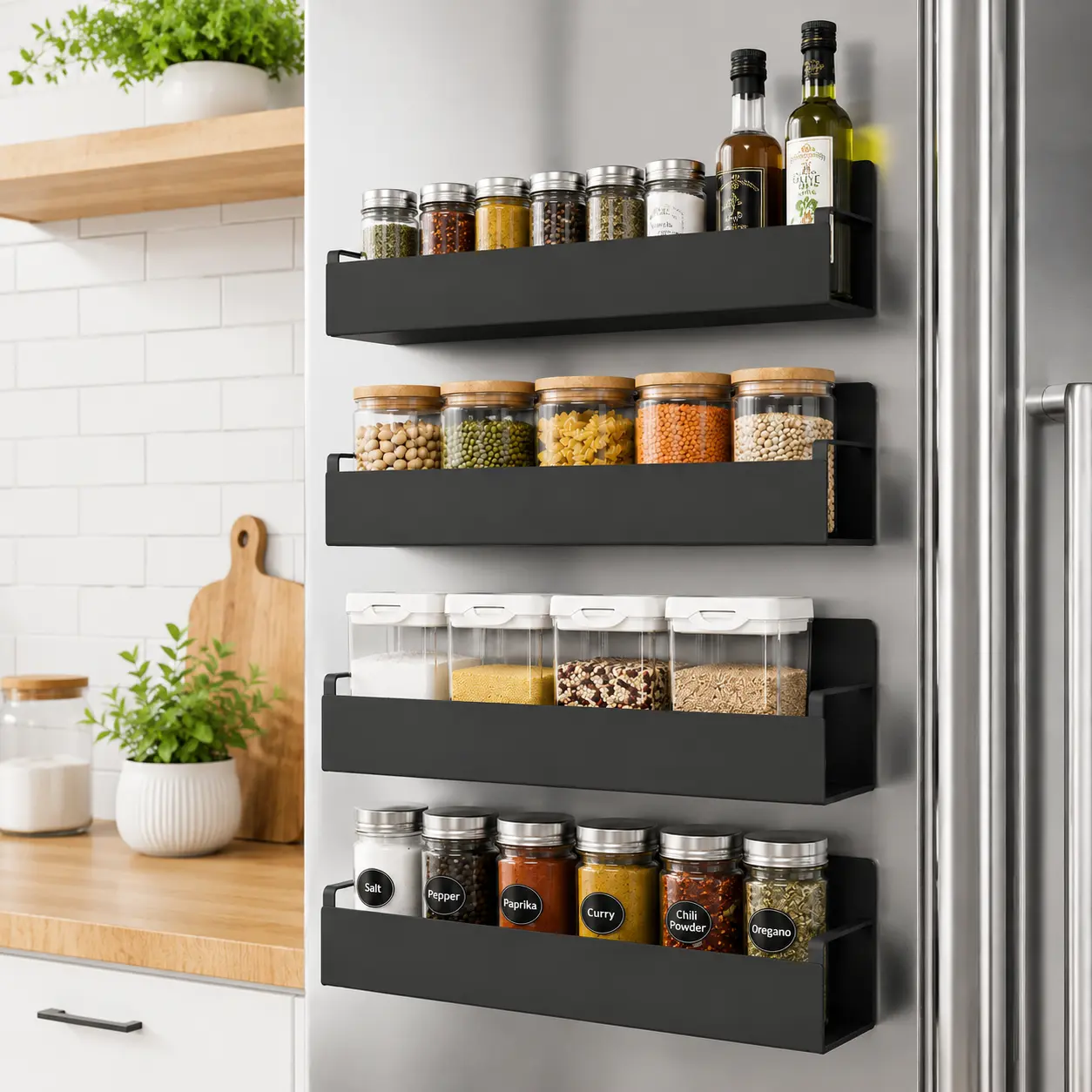 4 Pack Magnetic Spice Rack with Hooks for Refrigerator, Magnetic Shelf for Fridge Space Saving Seasoning Organizer