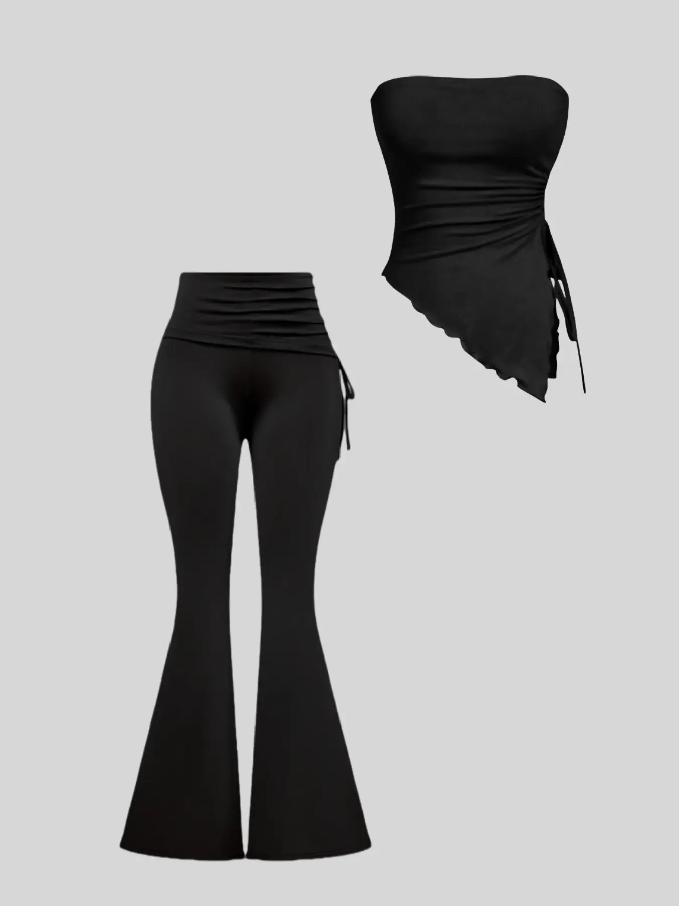 Fashion Plain Color Basic Versatile Women's Home Casual Commute Multi-Functional Strapless Drawstring Long Pants Set Top Trousers Set