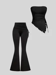 Fashionable, plain and basic style versatile women's home, casual, commuting multi-functional tube top drawstring trousers set Stretchy Outfit Sets