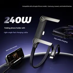 240W  Dual Type-C Fast Charging Cable with Built-in Foldable Phone Stand | Bent Head & Universal for All Type-C Devices