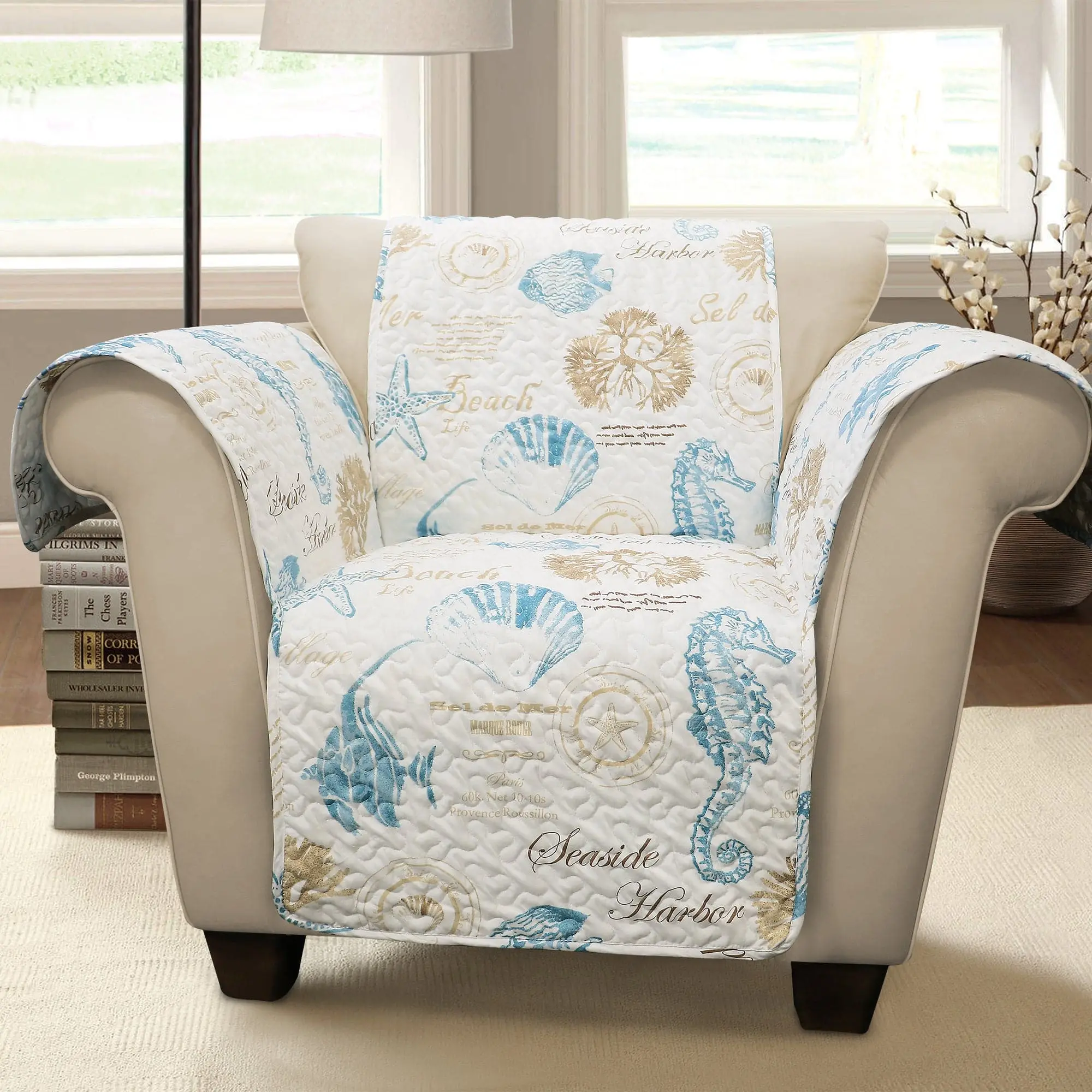 Lush Decor Harbor Life Fashion Couch Protector Slipcover - Seafoam Blue Universal Sofa Protector with Seashell Design, Soft Fabric, Elegant Backrest, Washable Couch Covers, Sofa Protector Slipcover