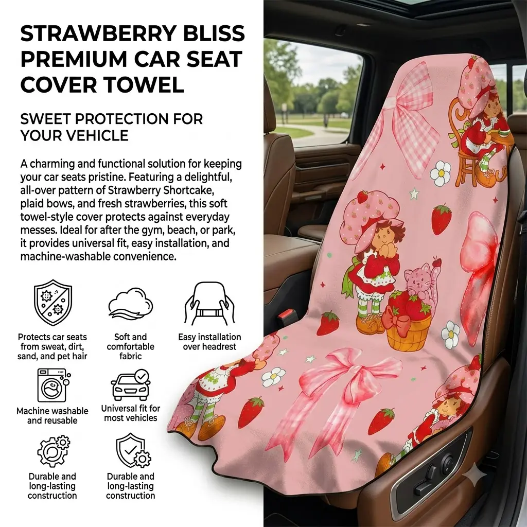 Strawberry Soft Cake Girls Car Seat Cover Towel – Cute Pink Strawberry Dessert Graphic Automotive Seat Protector, Soft Reusable Bucket Seat Cover for Cars, SUVs & Trucks, Sweat Resistant Travel Seat Towel for Gym, Beach & Outdoor Activities